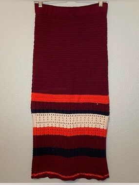 Free People Burgundy Crochet Midi Skirt with Cream, Orange and Black Stripes